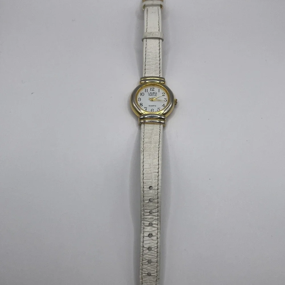 Laura Gayle‎ Gold Tone Quartz Watch White Leather Band- New Battery!